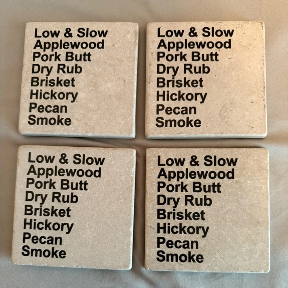 Set of 4 BBQ Themed Marble Coasters new smoked pork applewood hickory grill cook